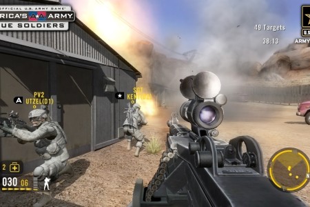 Soldiers in 'America's Army: True Soldiers' attack an enemy encampment in the fictional country of Ganzia. The   player controls the weapon in the foreground. Before using a weapon in combat, players must meet Army training   standards.