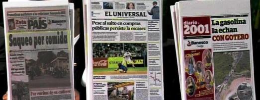Un kiosque à Caracas, novembre 2013 : “pillage pour de la nourriture” “malgré le bond des achats publics, la pénurie continue”, “l’essence au compte-goutte”… Comme au Chili en 1973, la plupart des médias vénézuéliens et internationaux tentent de susciter la panique en inventant des pénuries, en dénonçant le vide de pouvoir, etc..