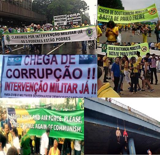 Brésil, mars 2015. "Dilma dehors !", "Assez de corruption !", "Nous réclamons une intervention militaire d'urgence face aux trois pouvoirs pourris !". "Assez d'endoctrinement marxiste", "Assez de Paulo Freire" (créateur de la célèbre "Pédagogie de l'opprimé", NdT), "US Navy et Air Force, sauvez-nous á nouveau!", des effigies de Lula et Dilma pendues á un pont : comme au Mexique ou au Venezuela, des élites et des classes moyennes, soutenues par l'hégémonie des médias privés, retrouvent les accents des Pinochet contre la possibilité d'une éducation populaire critique... et ne seraient pas fâchés de  remettre en activité les caves de la dictature militaire pour éliminer les "toxines marxistes"