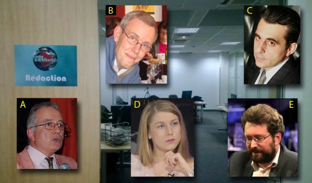 La fine équipe de TV Libertés : Philippe Milliau (A), Martial Bild (B), Arnaud Soyez (C), Élise Blaise (D), Nicolas Gardères (E).
