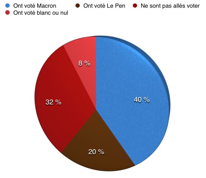 Répartition du comportement électoral au 2nd tour des élections présidentielles 2017 (pourcentages exprimés sur le nombre de personnes majeures vivant en France) Répartition du comportement électoral au 2nd tour des élections présidentielles 2017 (pourcentages exprimés sur le nombre de personnes majeures vivant en France)